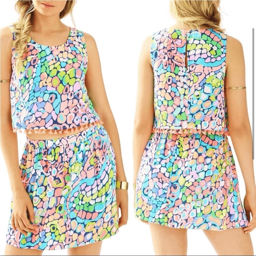 Lilly Pulitzer Crop Top Mini Skirt Abstract Pastel Set Tassels Vacation Sz 0